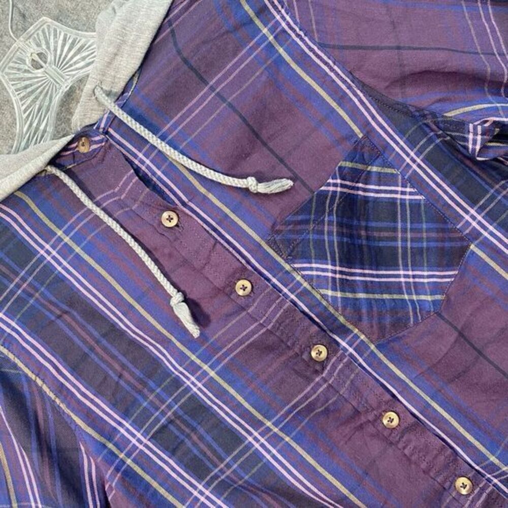 Mudd Women's S Button Up‎ Shacket Purple Plaid Long Sleeve Hooded Drawstring